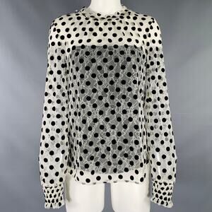 AKRIS Size 4 Off White Black Viscose Blend Polka Dot Collarless Blouse